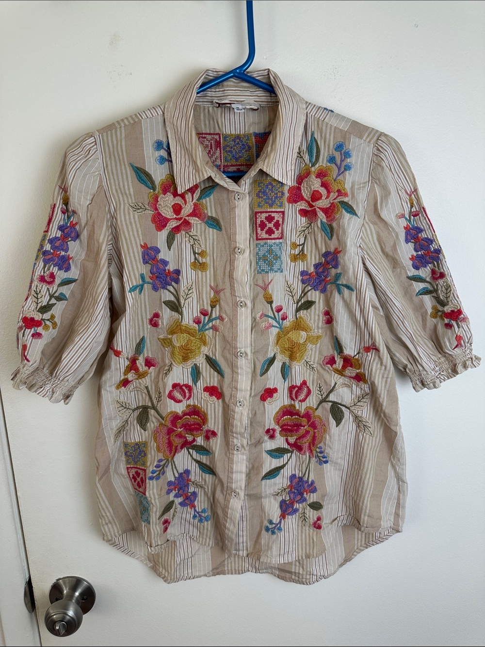 Johnny Was Beige Striped Button-Down Shirt with Bright Floral Embroidery